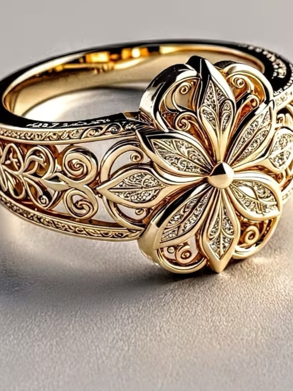 Gold Floral Engraved Statement Ring | Size 7